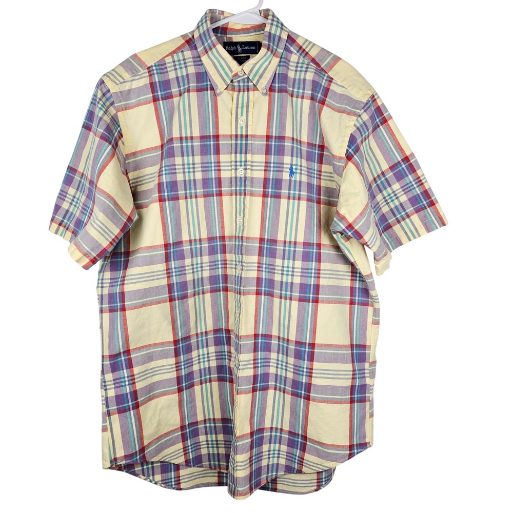 Ralph Lauren Plaid Short Sleeve Button Down Shirt Mens Med Cream Purple Red Blue